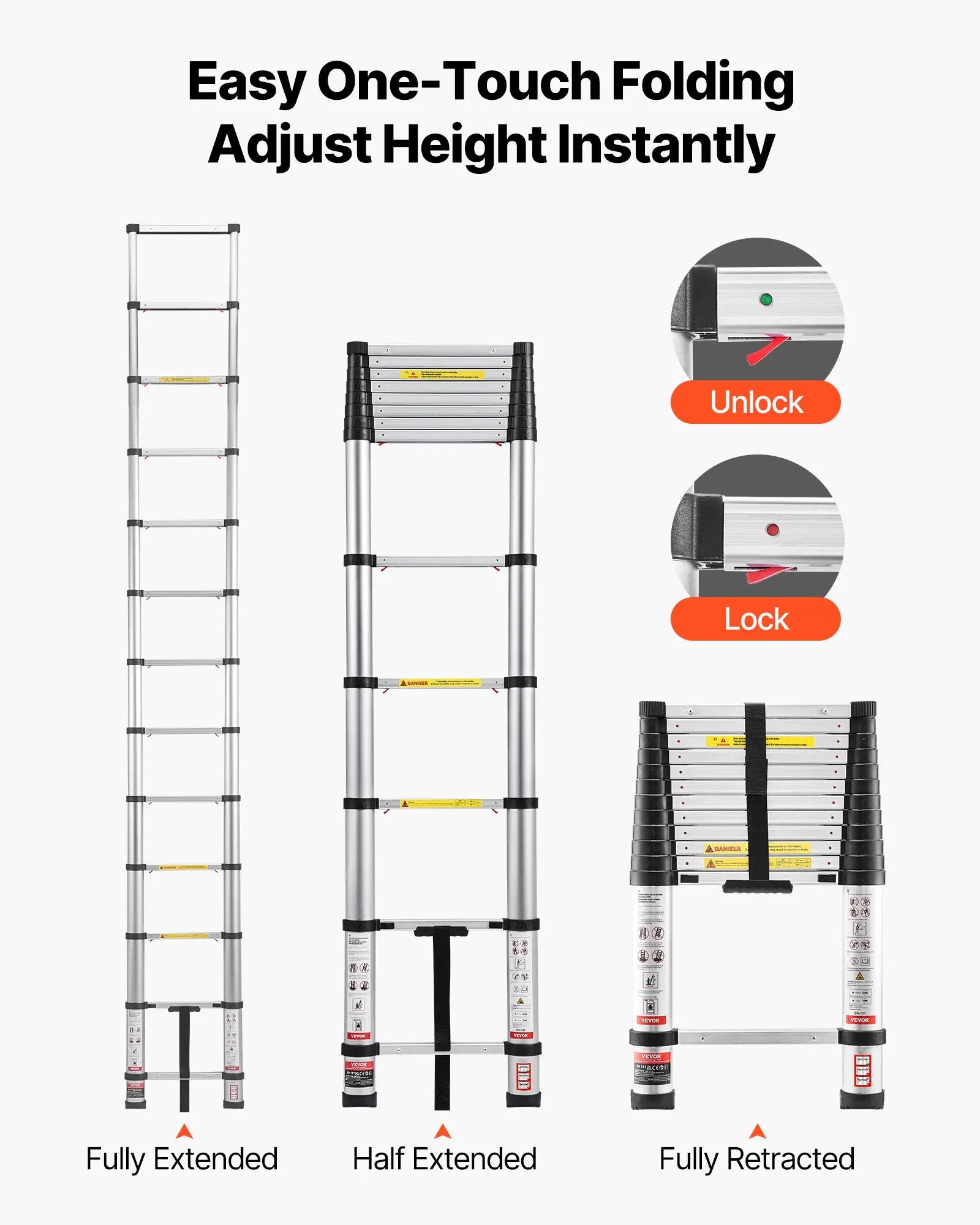 VEVOR Telescoping Ladder, , Mutil-button Retraction Collapsible Extension Ladder, 400 LBS Capacity with Non-slip Feet, Portable Multi-purpose Compact Ladder for Home, RV, Loft, ANSI Liste