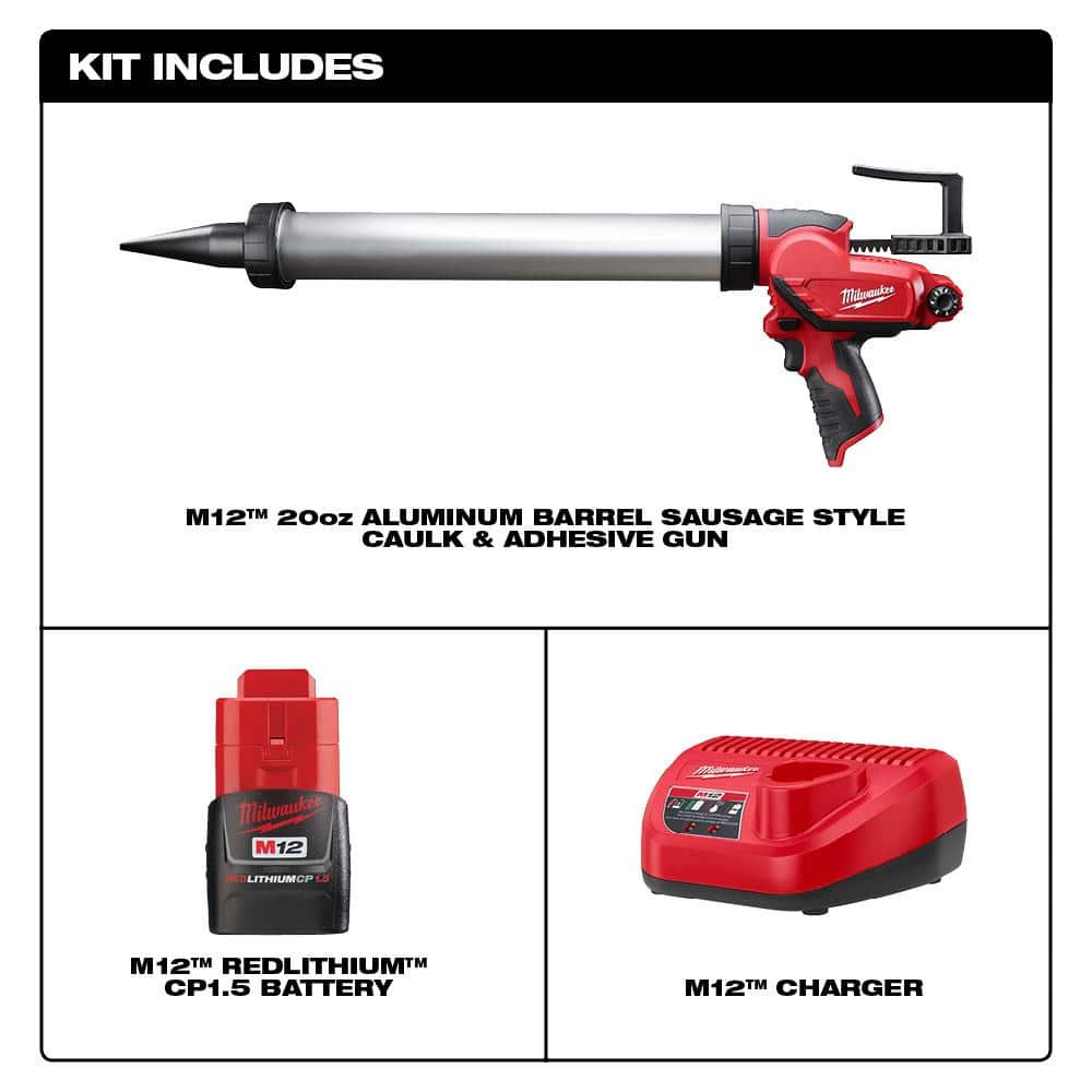 M12 12V Lithium-ion Cordless 20 oz. Aluminum Barrel Adhesive and Caulk Gun Kit with (1) 1.5Ah Battery & Charger