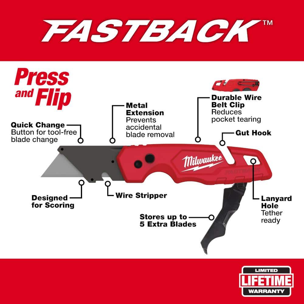 FASTBACK Folding Utility Knife with Blade Storage and General Purpose Blade