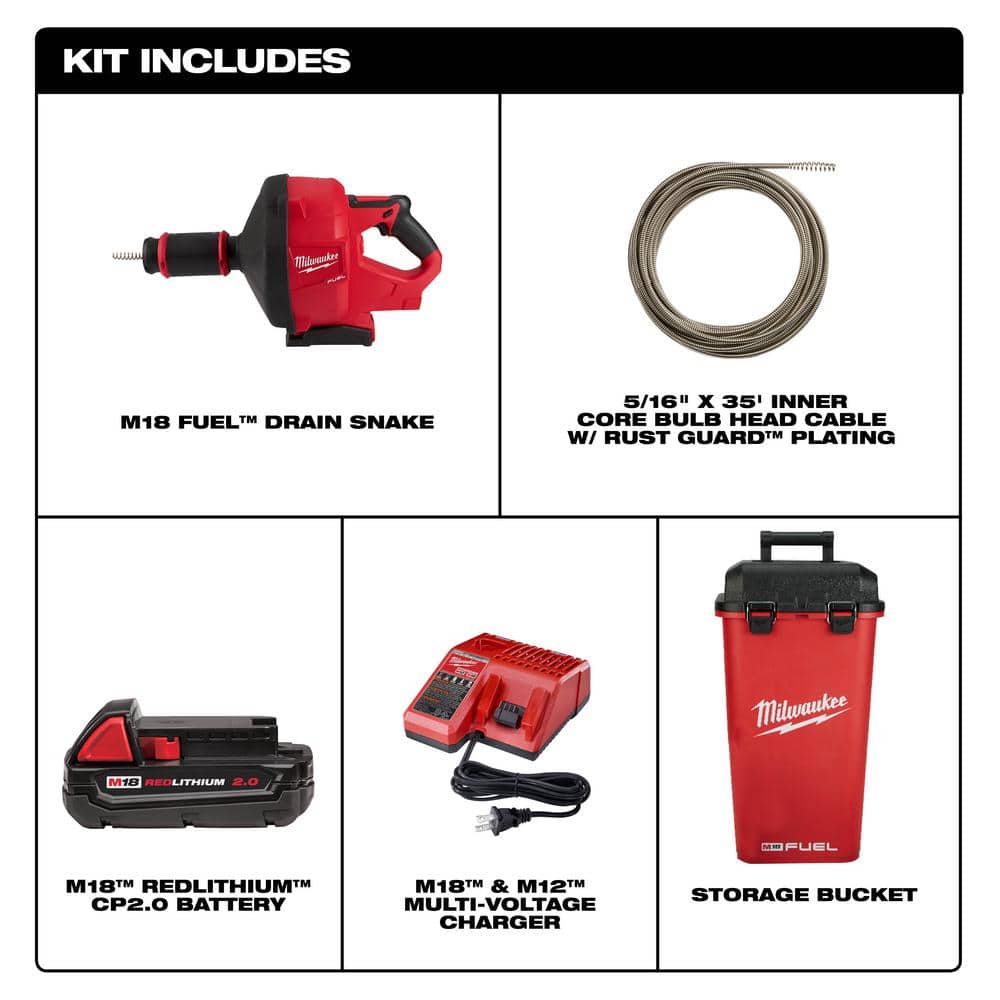 M18 FUEL 18-Volt Lithium-Iron Cordless Plumbing Drain Snake Auger Kit with w/ CABLE DRIVE & 5/16 in. x 35 ft. Cable