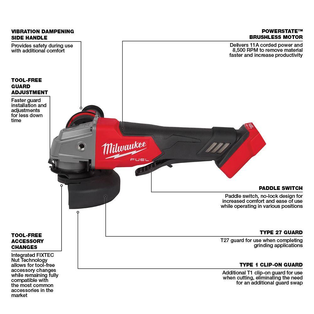 M18 FUEL 18-Volt Lithium-Ion Brushless Cordless Combo Kit 2-Tool with 2 Batteries Charger 4-1/2in. to 5in. Grinder