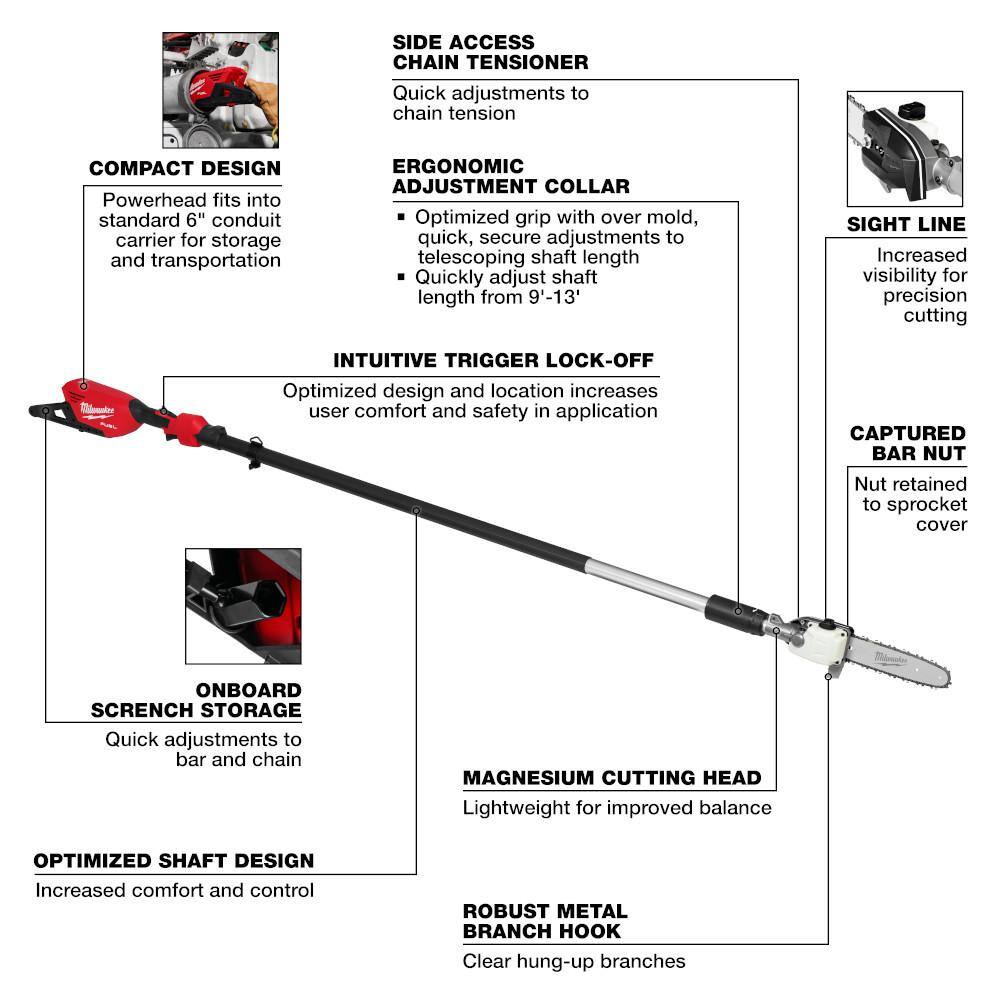 M18 FUEL 10 in. 18V Lithium-Ion Brushless Electric Cordless Telescoping Pole Saw, 13 ft. Length (Tool-Only)