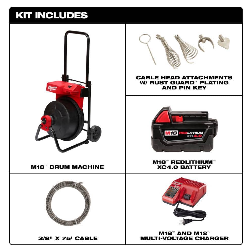 M18 18V Lithium-Ion 3/8 in. x 75 ft. Cable Cordless Drain Cleaning Drum Machine Kit