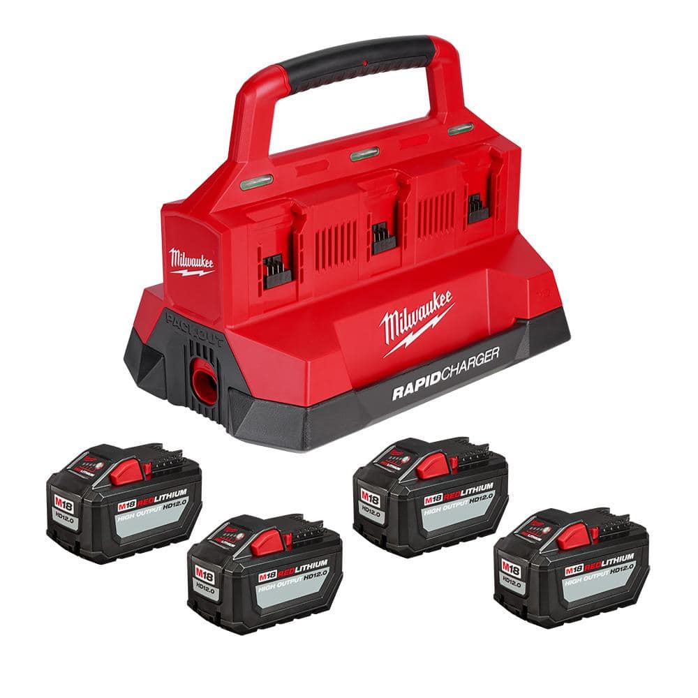M18 18V Lithium-Ion PACKOUT 6-Port Rapid Charger w/ (4) 12Ah HIGH OUTPUT
